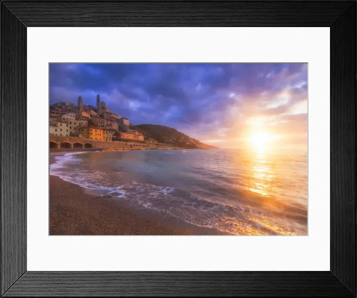 Framed Print : Sunrise on the beach of Cervo, Imperia province, Liguria, Italy Framed Print : Sunrise on the beach of Cervo, Imperia province, Liguria, Italy