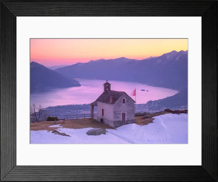 Framed Print : Sunset on the Lake Maggiore from the small church of Monti di Lego, Locarno, Canton