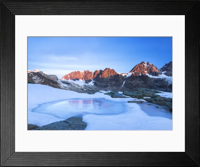 Framed Print : Frozen lake during sunrise on the Bernina mountain range. Bocchetta delle Forbici Framed Print : Frozen lake during sunrise on the Bernina mountain range. Bocchetta delle Forbici