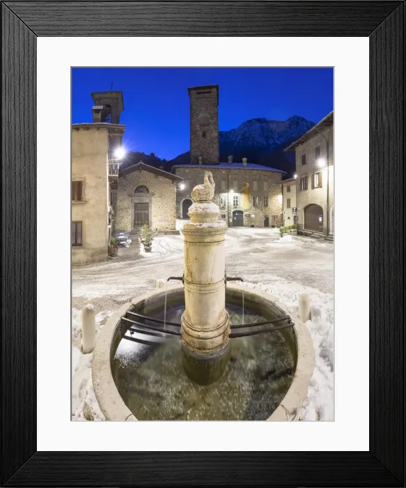 Framed Print : Twilight in the main square of Gromo, Val Seriana, Bergamo province, Lombardy, Italy Framed Print : Twilight in the main square of Gromo, Val Seriana, Bergamo province, Lombardy, Italy