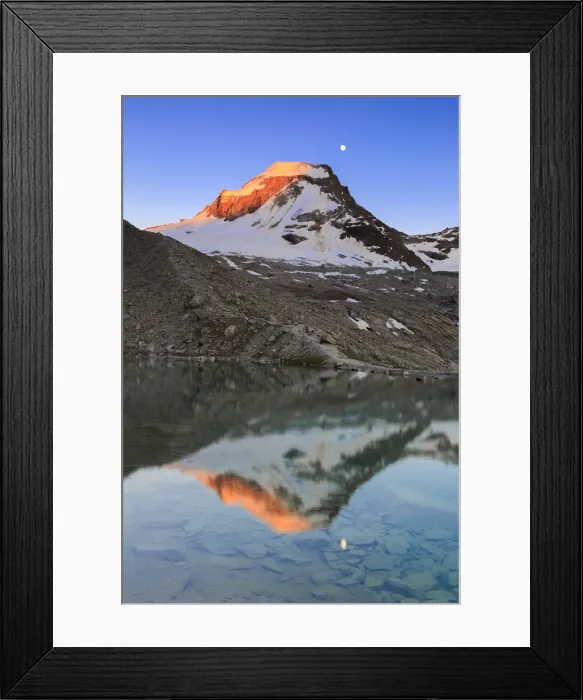 Framed Print : Ciarforon still illuminated by the colors of dawn and the moon are reflected in Moncorvè lake. Valsavarance, Gran Paradiso National Park, Aosta Valley, Italy Framed Print : Ciarforon still illuminated by the colors of dawn and the moon are reflected in Moncorvè lake. Valsavarance, Gran Paradiso National Park, Aosta Valley, Italy
