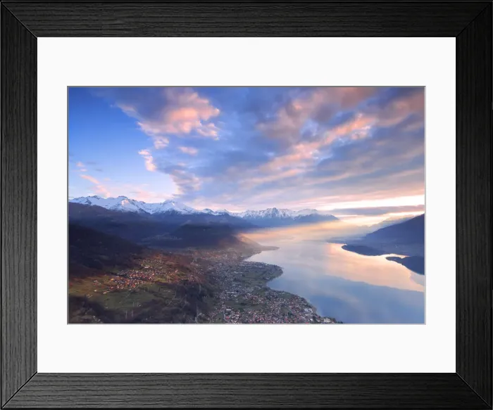 Framed Print : The village of Stazzona at sunrise. San Bernardo Church, Monte Bregagno, Dongo, Como Lake Framed Print : The village of Stazzona at sunrise. San Bernardo Church, Monte Bregagno, Dongo, Como Lake