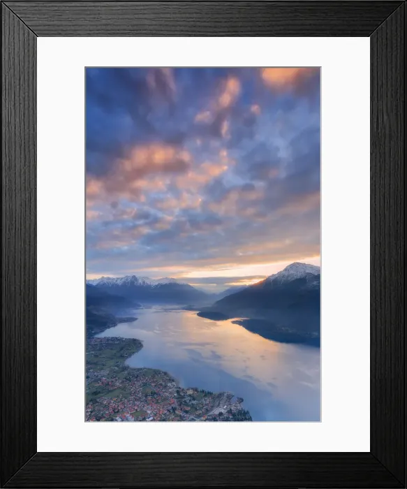 Framed Print : Stunning sunrise over the village of Dongo and Como Lake, from above. San Bernardo Church