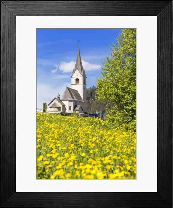 Framed Print : Summer flowering at the traditional church of Davos Wiesen, Parc Ela, Prettigau / Davos Framed Print : Summer flowering at the traditional church of Davos Wiesen, Parc Ela, Prettigau / Davos