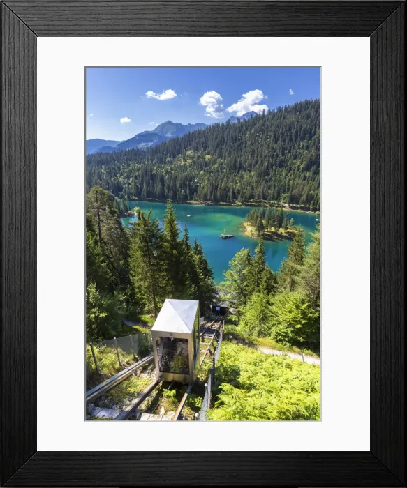 Framed Print : Touristic funicular above the Caumasee, Flims, District of Imboden, Canton of Grisons Framed Print : Touristic funicular above the Caumasee, Flims, District of Imboden, Canton of Grisons