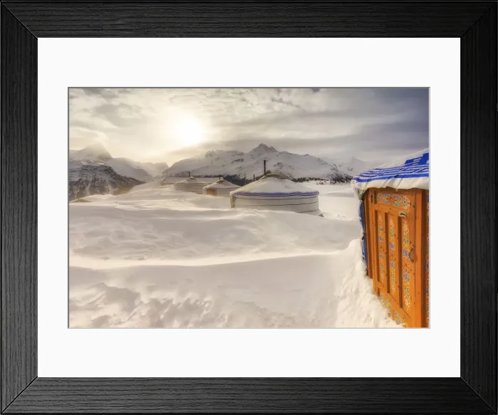 Framed Print : Winter blizzard at Mongolian tent at Alp Flix, Sur, Surses, Parc Ela, Region of Albula Framed Print : Winter blizzard at Mongolian tent at Alp Flix, Sur, Surses, Parc Ela, Region of Albula