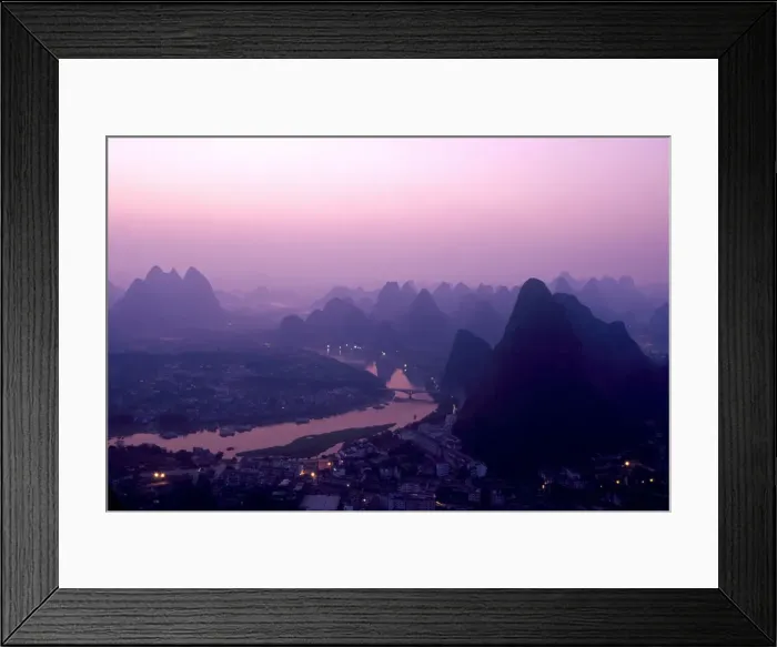 Framed Print : China, Guangxi Province, Yangshuo. The view from above Yangshuo just before sunrise Framed Print : China, Guangxi Province, Yangshuo. The view from above Yangshuo just before sunrise