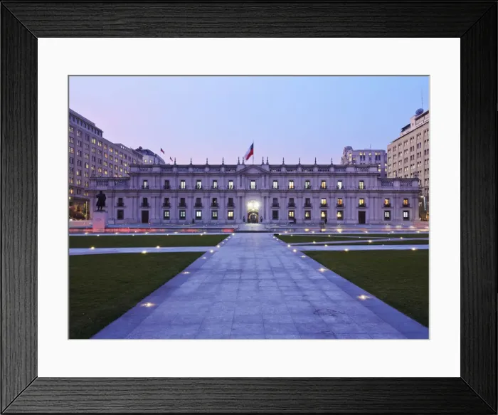 Framed Print : Chile, Santiago, Twilight view of La Moneda Palace from the Plaza de la Ciudadania Framed Print : Chile, Santiago, Twilight view of La Moneda Palace from the Plaza de la Ciudadania