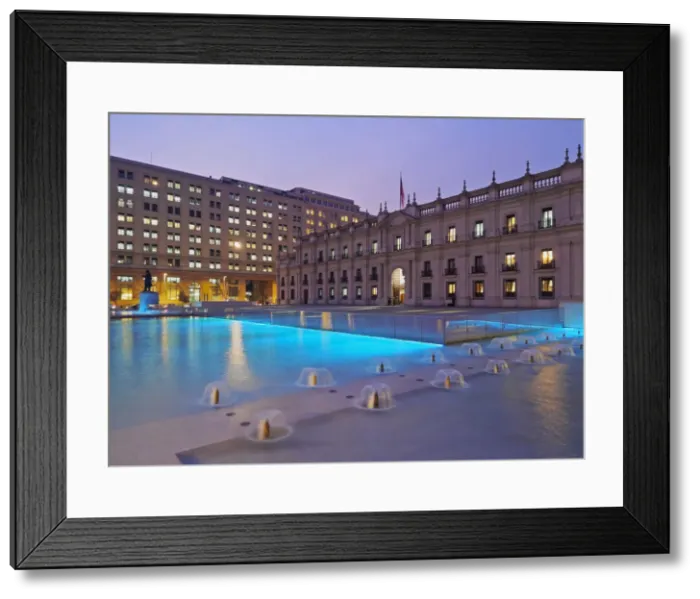 Framed Print : Chile, Santiago, Twilight view of La Moneda Palace from the Plaza de la Ciudadania Framed Print : Chile, Santiago, Twilight view of La Moneda Palace from the Plaza de la Ciudadania