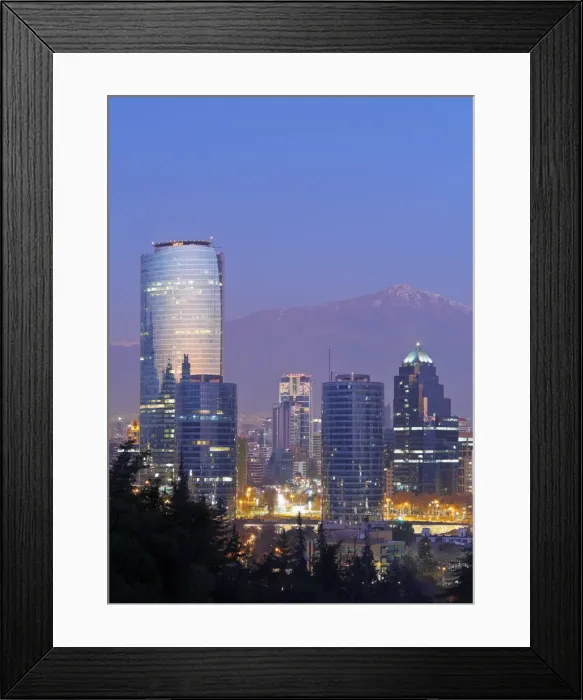 Framed Print : Chile, Santiago, Twilight view from the Parque Metropolitano towards the high raised Framed Print : Chile, Santiago, Twilight view from the Parque Metropolitano towards the high raised