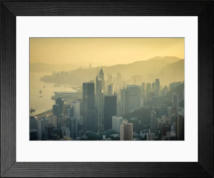 Framed Print : Skyscrapers in central Hong Kong, Admiralty and Mong Kok seen from The Peak at sunrise Framed Print : Skyscrapers in central Hong Kong, Admiralty and Mong Kok seen from The Peak at sunrise