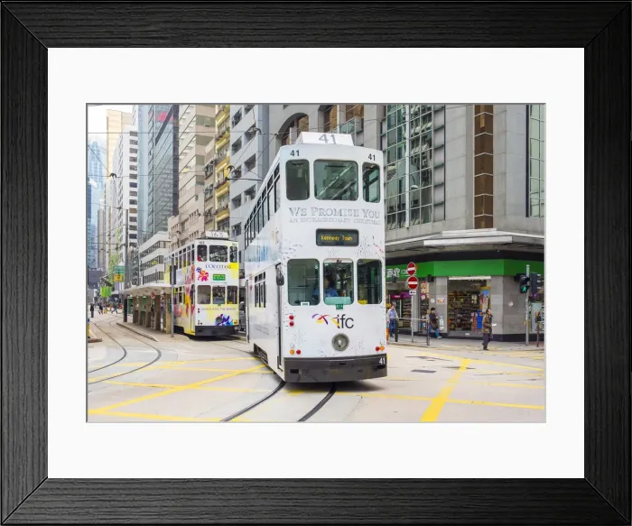 Framed Print : Doube-decker trams on Des Voeux Road in Central Hong Kong, Hong Kong Island, Hong Kong Framed Print : Doube-decker trams on Des Voeux Road in Central Hong Kong, Hong Kong Island, Hong Kong