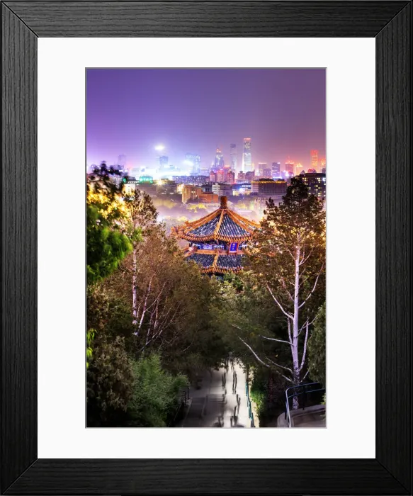 Framed Print : China, Beijing, pagoda and skyscrapers in the background illuminated by city lights Framed Print : China, Beijing, pagoda and skyscrapers in the background illuminated by city lights
