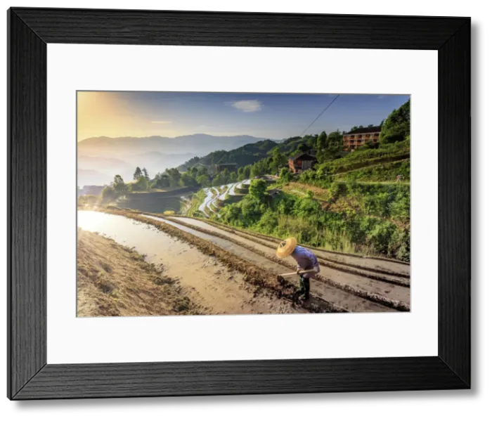 Framed Print : China, Guangxi Province, Longsheng, a farmer wearing a traditional hat working Framed Print : China, Guangxi Province, Longsheng, a farmer wearing a traditional hat working