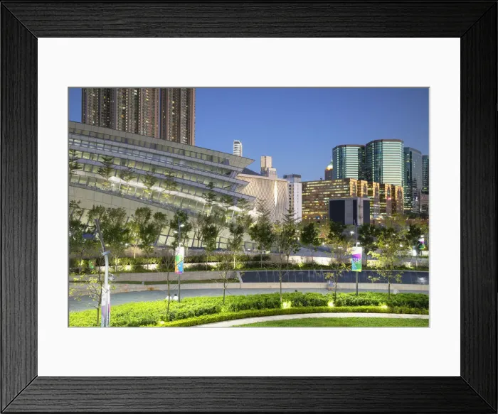 Framed Print : West Kowloon High Speed Rail Station and plaza at dusk, Kowloon, Hong Kong