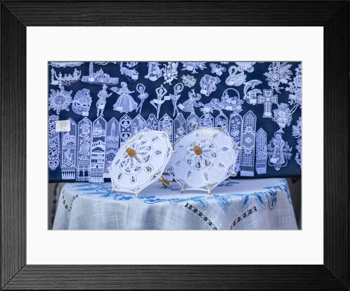 Framed Print : Hand made lace goods on sale in a boutique on Burano, Venice, Italy Framed Print : Hand made lace goods on sale in a boutique on Burano, Venice, Italy