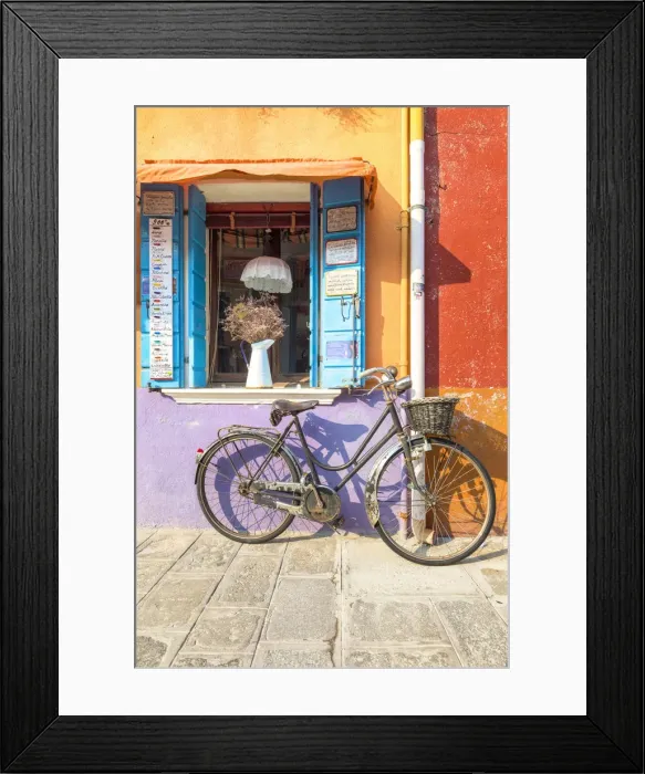 Framed Print : Colorful house facade in Burano island with old bike, Burano, Venice, Veneto, Italy Framed Print : Colorful house facade in Burano island with old bike, Burano, Venice, Veneto, Italy