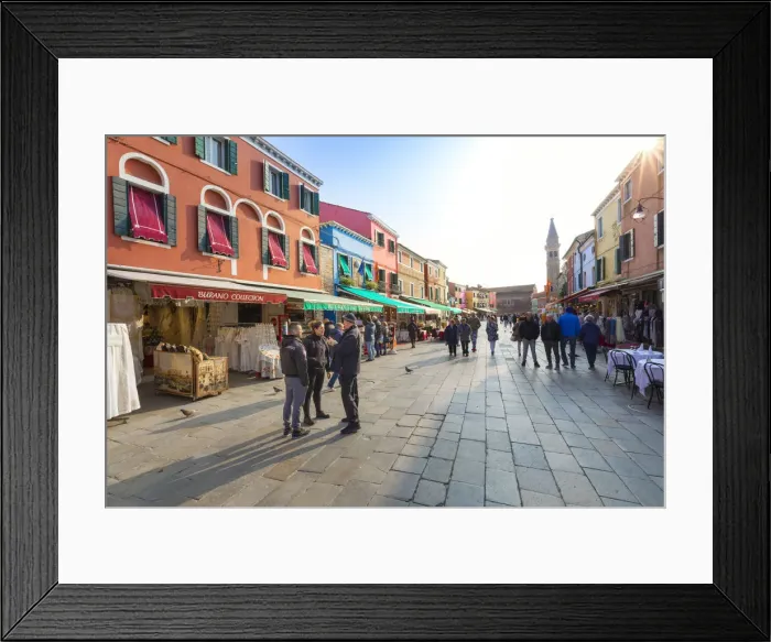 Framed Print : Tourists shopping, colorful stores and restaurants in Via Baldasarre Galuppi, Burano Framed Print : Tourists shopping, colorful stores and restaurants in Via Baldasarre Galuppi, Burano