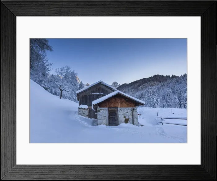 Framed Print : Europe, Italy, Belluno, La Valle Agordina. A couple of traditional wooden barns in winter Framed Print : Europe, Italy, Belluno, La Valle Agordina. A couple of traditional wooden barns in winter