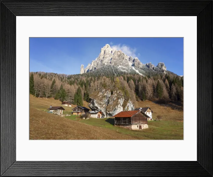 Framed Print : Alpine huts in Fosne, Primiero valley, Dolomites, Italy. Cimerlo mount in the background Framed Print : Alpine huts in Fosne, Primiero valley, Dolomites, Italy. Cimerlo mount in the background
