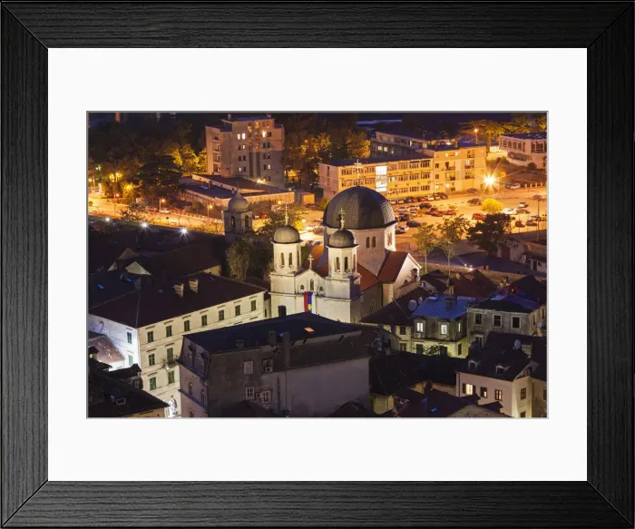 Framed Print : Panorama of Kotor at night with a detail on the Orthodox Church of St Framed Print : Panorama of Kotor at night with a detail on the Orthodox Church of St