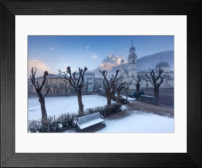 Framed Print : Europe, Italy, Veneto, Belluno. The center of Agordo with the church and the mount Framed Print : Europe, Italy, Veneto, Belluno. The center of Agordo with the church and the mount