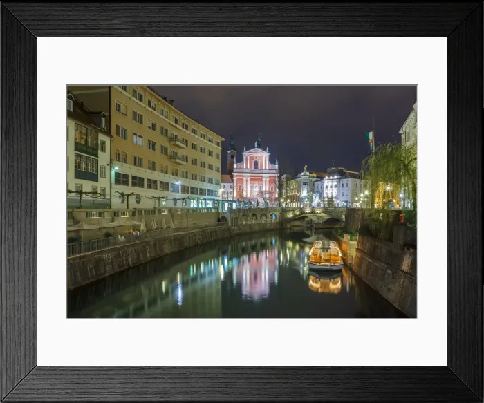 Framed Print : Europe, Slovenia, Ljubljana. Tromostovje in the city center by night Framed Print : Europe, Slovenia, Ljubljana. Tromostovje in the city center by night