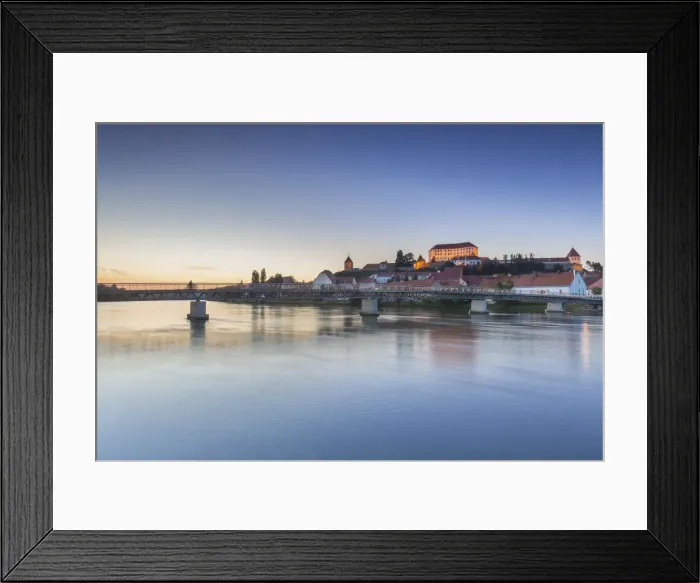 Framed Print : Europe, Slovenia, Styria, Ptuj. The old city with the caslte and the footbridge Framed Print : Europe, Slovenia, Styria, Ptuj. The old city with the caslte and the footbridge