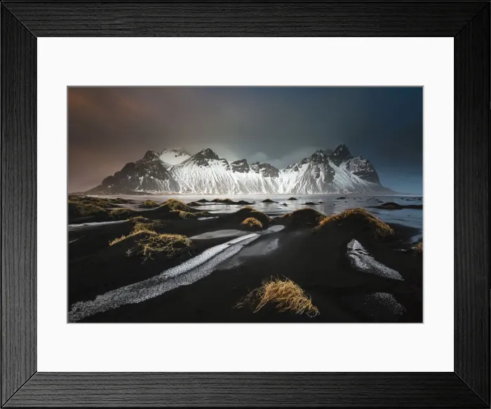 Framed Print : Vestrahorn mountain from Stokksness at sunrise, after a heavy storm in early winter Framed Print : Vestrahorn mountain from Stokksness at sunrise, after a heavy storm in early winter