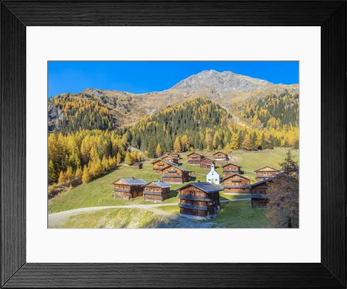 Framed Print : Oberstaller alm, alpine pasture with wooden huts and the Schutzengelkapelle in the middle Framed Print : Oberstaller alm, alpine pasture with wooden huts and the Schutzengelkapelle in the middle