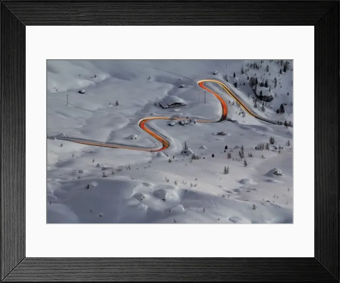 Framed Print : Giau pass, Dolomites, Belluno, Veneto, Italy. Car lights on the road Framed Print : Giau pass, Dolomites, Belluno, Veneto, Italy. Car lights on the road
