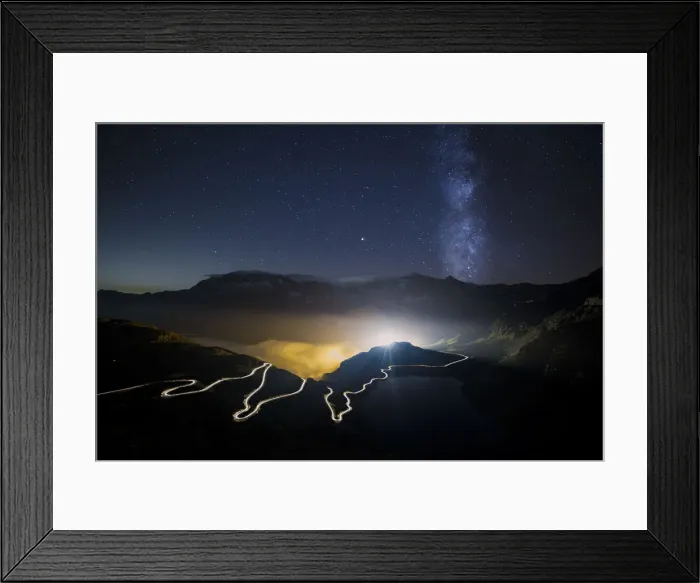 Framed Print : Car trails on the winding road leading to Nivolet Pass and milky way in the background Framed Print : Car trails on the winding road leading to Nivolet Pass and milky way in the background