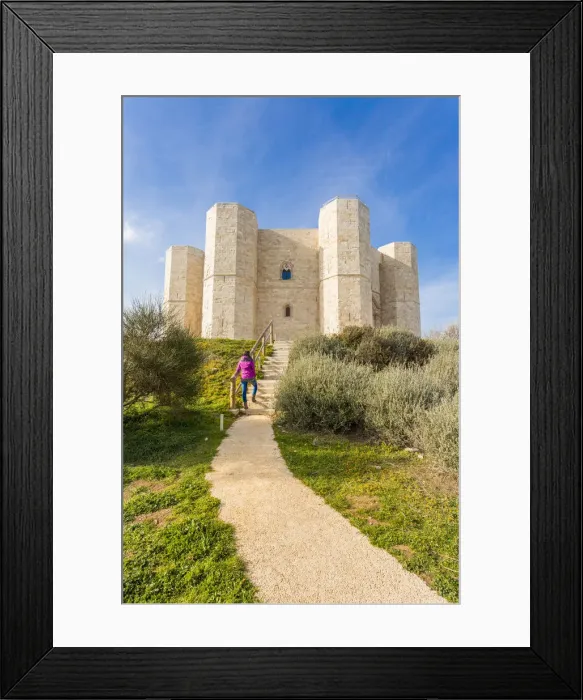 Framed Print : Tourist admiring Castel del Monte fortress in Andria, Apulia region, Italy (MR) Framed Print : Tourist admiring Castel del Monte fortress in Andria, Apulia region, Italy (MR)