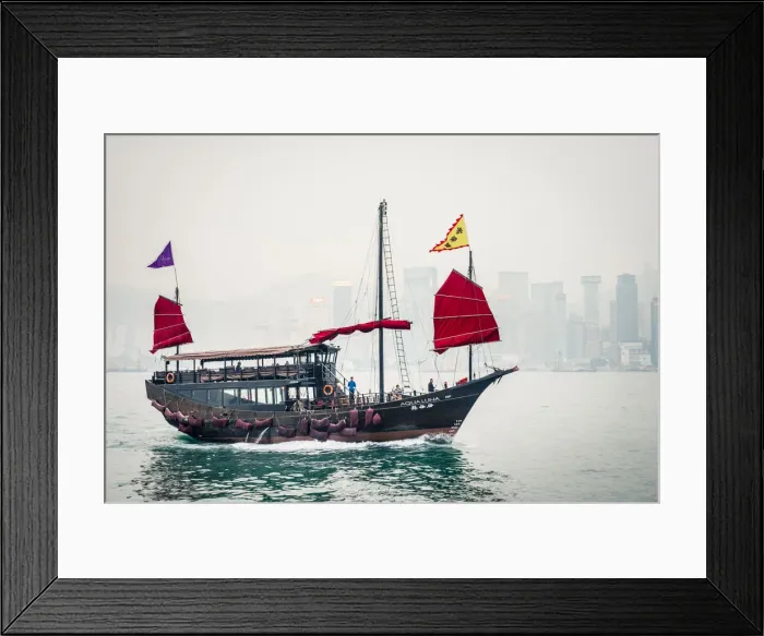 Framed Print : Aqua Luna traditional Junk ship sailing in Victoria Harbor, Tsim Sha Tsui, Kowloon
