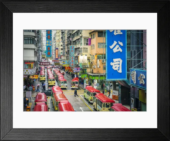 Framed Print : Busses lined on Tung Choi Street in Mong Kok at rush hour, Kowloon, Hong Kong, China Framed Print : Busses lined on Tung Choi Street in Mong Kok at rush hour, Kowloon, Hong Kong, China