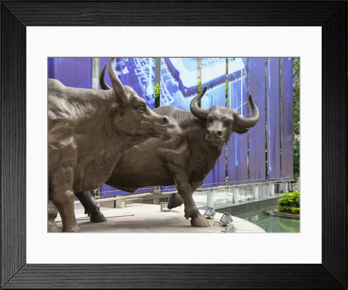 Framed Print : Bull statues outside The Center skyscraper, Central, Hong Kong Island, Hong Kong, China Framed Print : Bull statues outside The Center skyscraper, Central, Hong Kong Island, Hong Kong, China