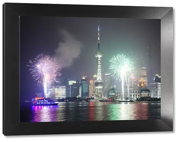 China, Shanghai. Fireworks over Pudong business district