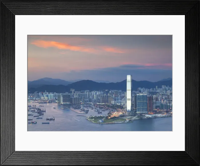 Framed Print : View of West Kowloon and International Commerce Centre (ICC) at sunset, Kowloon, Hong
