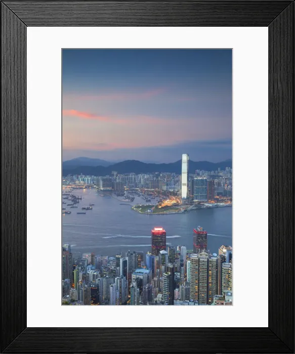 Framed Print : View of Kowloon, Hong Kong Island and International Commerce Centre (ICC) at sunset