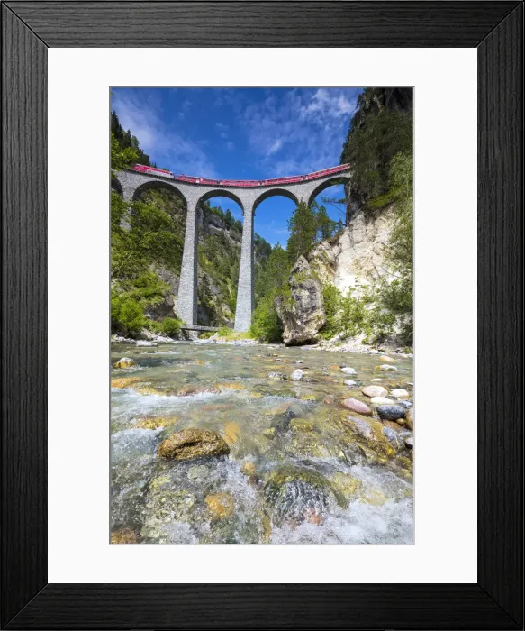 Framed Print : The alpine stream frames the Bernina Express train on Landwasser Viadukt Filisur Albula Framed Print : The alpine stream frames the Bernina Express train on Landwasser Viadukt Filisur Albula