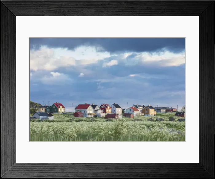 Framed Print : Clouds and midnight sun frames the typical houses of the fishing village Eggum Unstad Vestvagoy Lofoten Islands Norway Europe Framed Print : Clouds and midnight sun frames the typical houses of the fishing village Eggum Unstad Vestvagoy Lofoten Islands Norway Europe