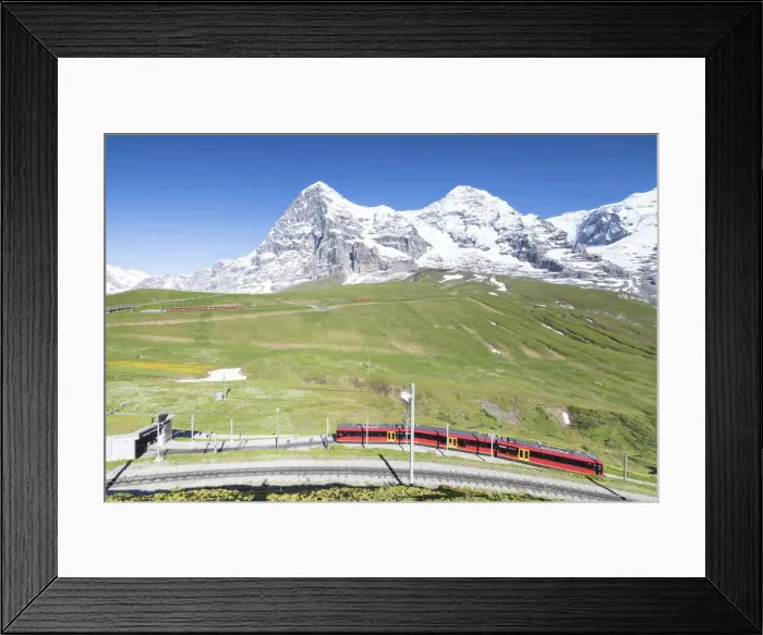 Framed Print : The Wengernalpbahn rack railway runs across meadows and snowy peaks Wengen Bernese Framed Print : The Wengernalpbahn rack railway runs across meadows and snowy peaks Wengen Bernese