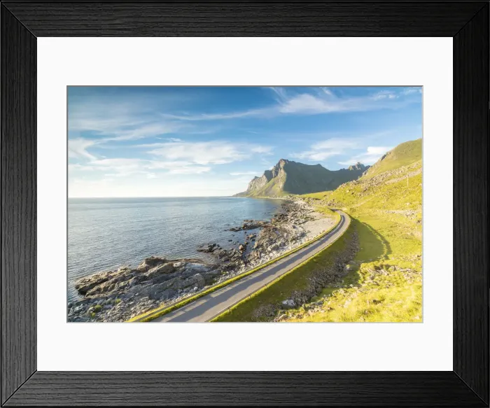 Framed Print : The midnight sun shines on the asphalt road between sea and rocky mountains Vikten Framed Print : The midnight sun shines on the asphalt road between sea and rocky mountains Vikten