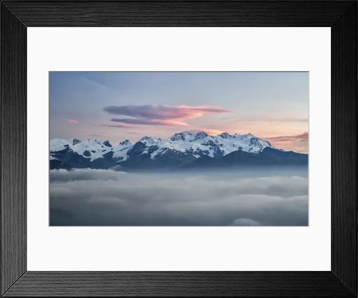 Framed Print : The sunrise lights coloring the Mount Rosa range, from its highest peak, Punta Dufour Framed Print : The sunrise lights coloring the Mount Rosa range, from its highest peak, Punta Dufour