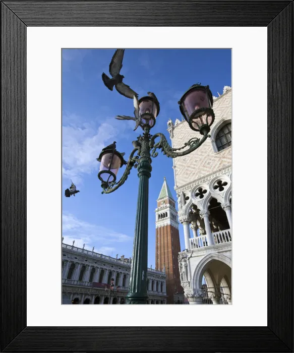 Framed Print : A typical lamp post in Saint Marks Square framing the Bell Tower of Saint Mark Framed Print : A typical lamp post in Saint Marks Square framing the Bell Tower of Saint Mark