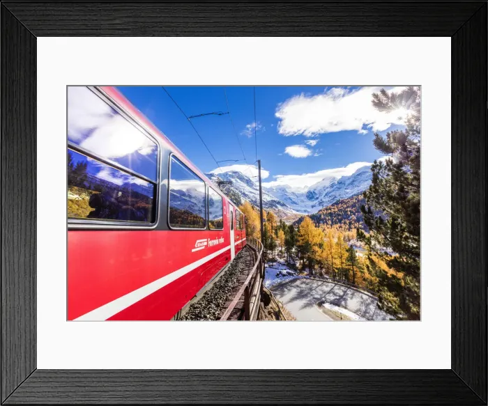 Framed Print : Bernina Express train surrounded by colorful woods and snowy peaks Bernina Pass Canton Framed Print : Bernina Express train surrounded by colorful woods and snowy peaks Bernina Pass Canton