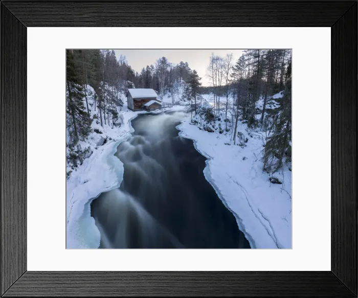 Framed Print : A wooden hut surrounded by the river rapids and snowy woods at dusk Juuma Myllykoski Framed Print : A wooden hut surrounded by the river rapids and snowy woods at dusk Juuma Myllykoski