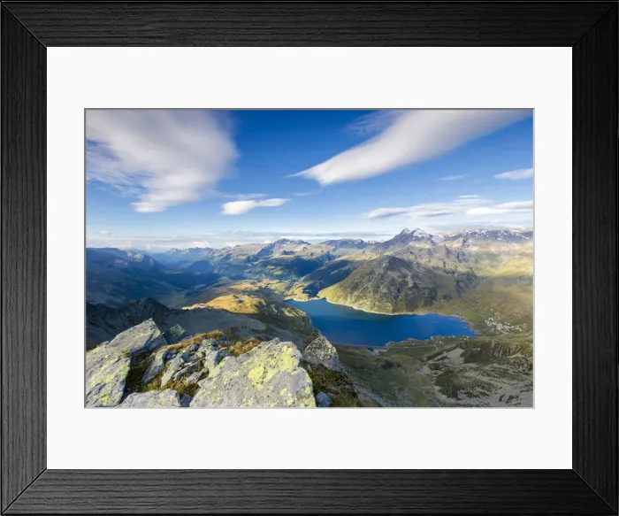 Framed Print : Blue sky on Lake Montespluga and Madesimo with Piz Ferre on the background Chiavenna