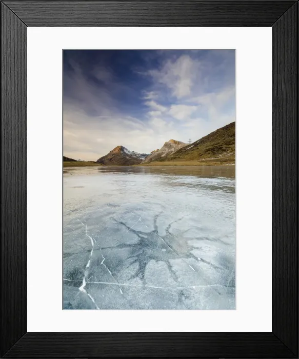 Framed Print : Sunset on the frozen Lej Nair surrounded by rocky peaks Bernina Pass Canton of Graubunden