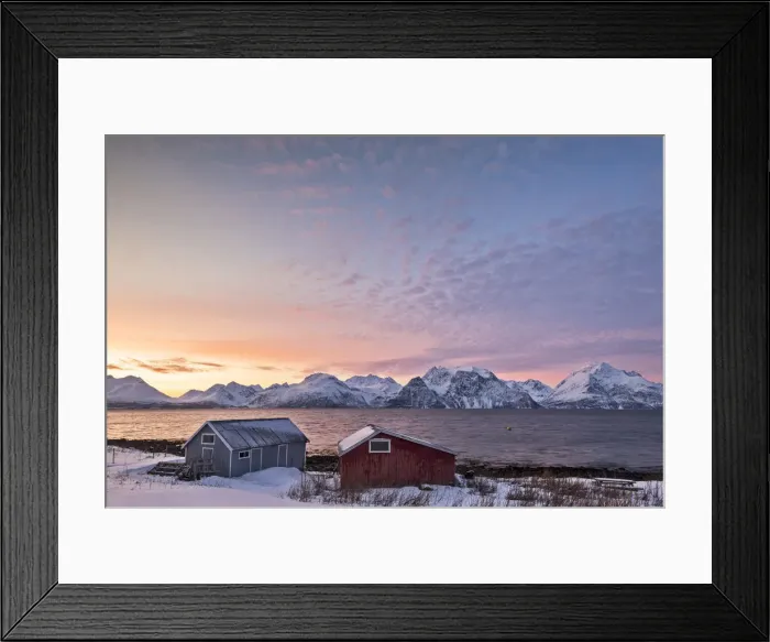 Framed Print : Pink sky at sunset on the wooden huts called Rorbu framed by frozen sea and snowy peaks Djupvik Lyngen Alps Tromso Norway Europe Framed Print : Pink sky at sunset on the wooden huts called Rorbu framed by frozen sea and snowy peaks Djupvik Lyngen Alps Tromso Norway Europe